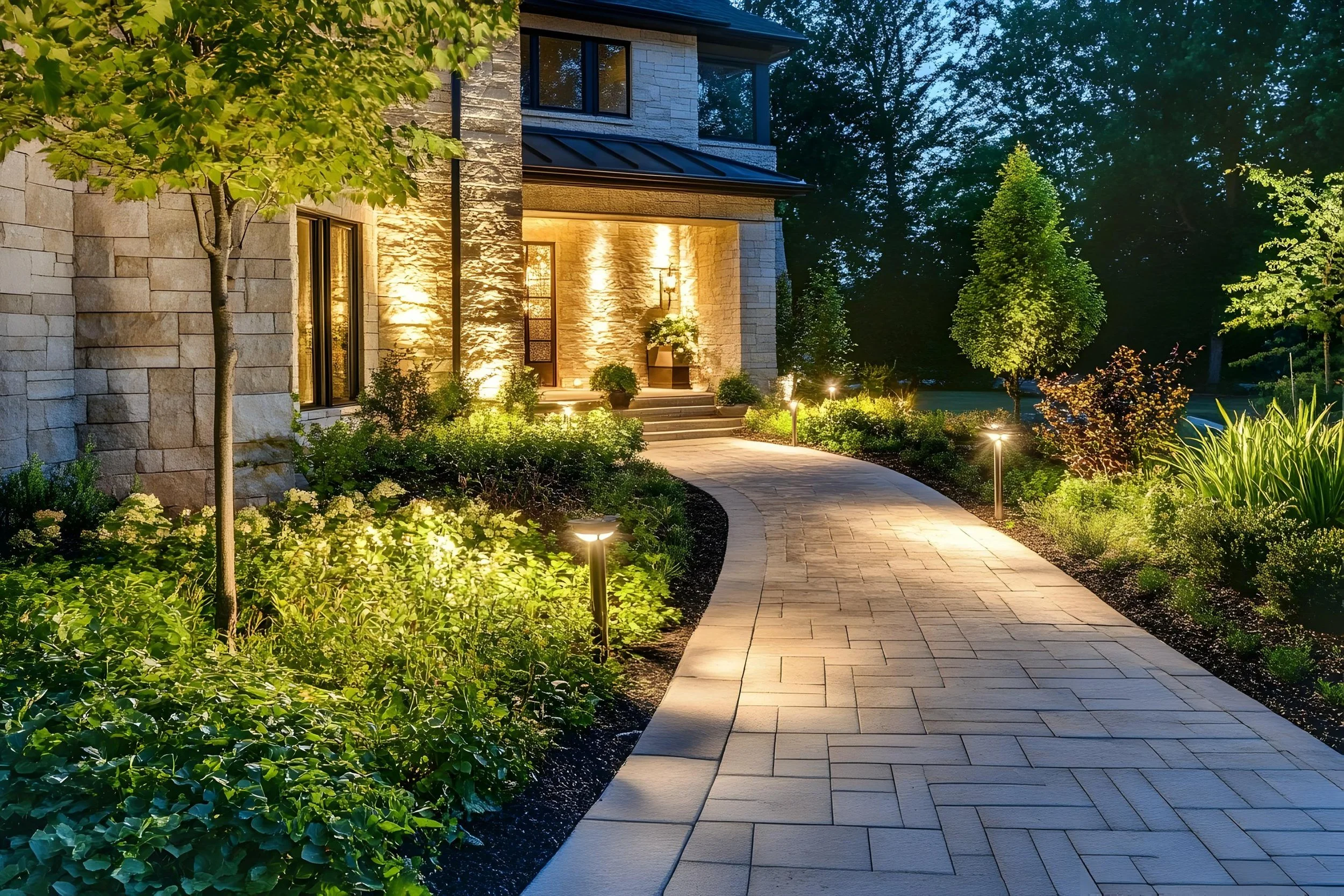 Landscape lighting along evening walkway