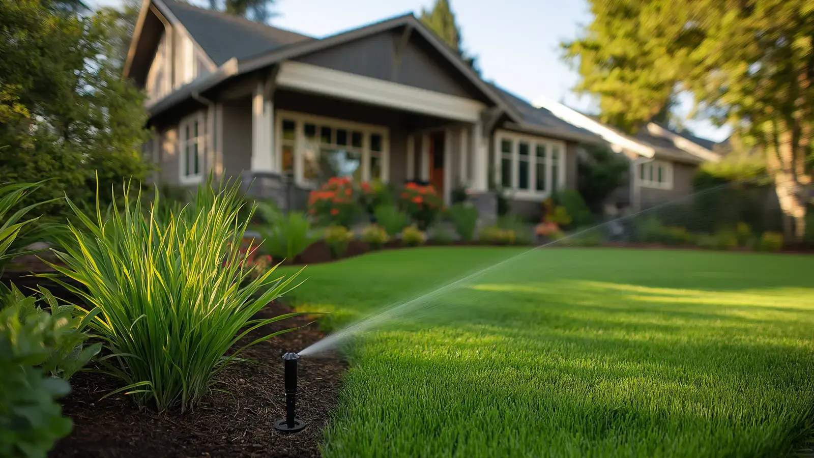 Craftsman home with sprinkler in action